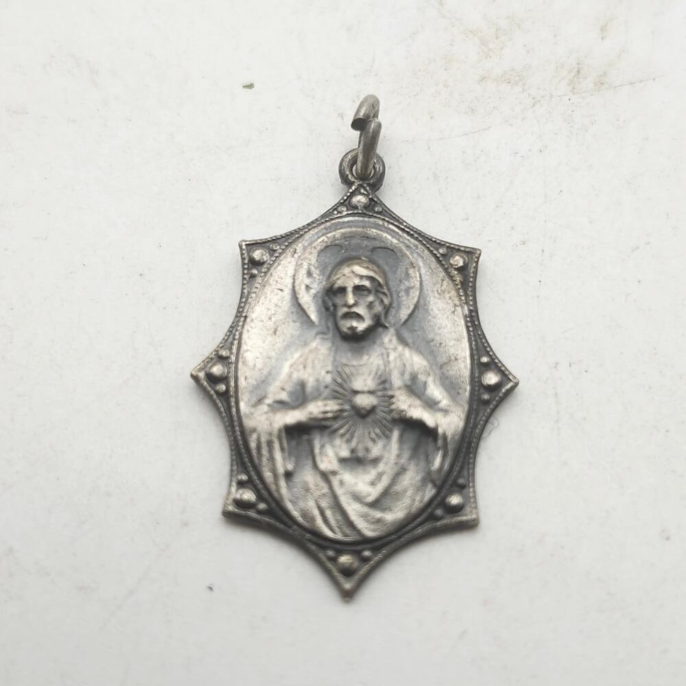Vintage Sacred Heart Jesus Our Lady Carmel Medal Pendant Silver Tone Catholic